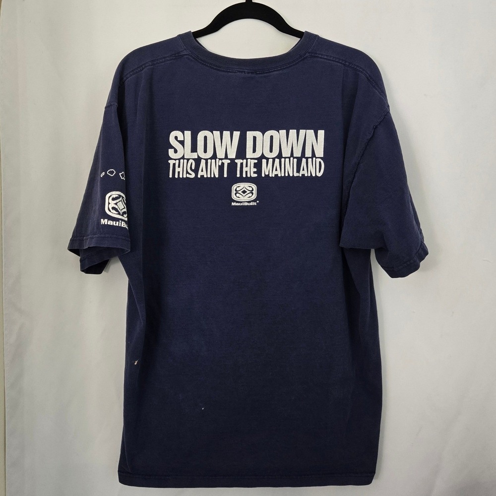 VTG Maui Built T-Shirt Mens L Navy Slow Down This Aint The Mainland Thrashed